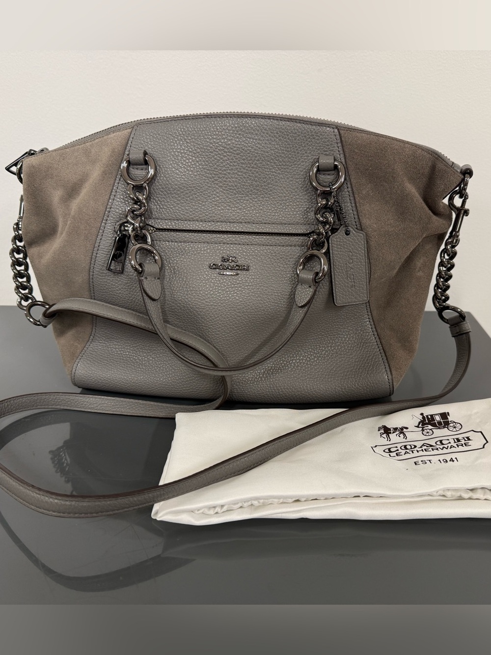 Coach Chain Prairie Satchel Crossbody Shoulder Bag 20166 Gray Leather + Suede